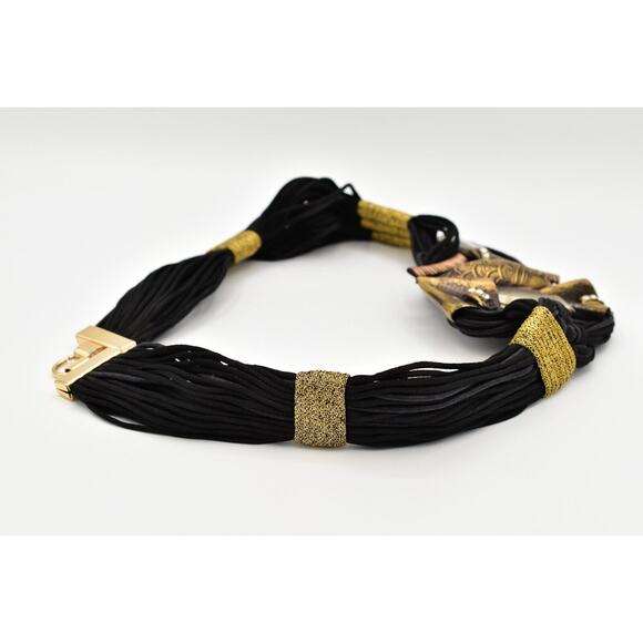 Vintage Made In Italy Waist Belt Mayan Metal Black Weaved Crystal Chunky 26" - Picture 8 of 12